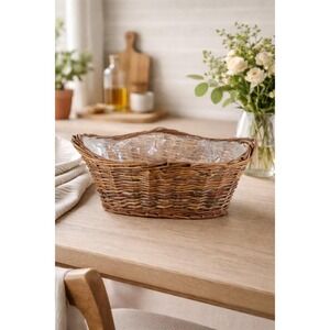 Vintage Wicker Basket with Plastic Liner – Rustic Storage Planter Basket